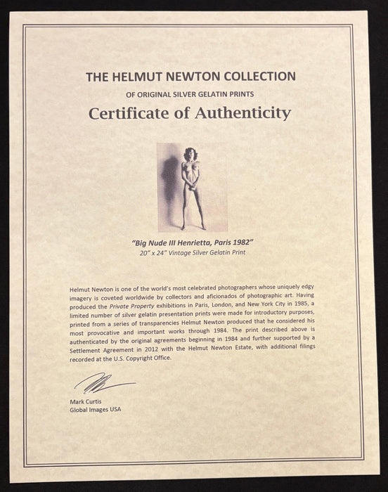 Helmut Newton Big Nude III vintage silver gelatin print certificate of authenticity from The Helmut Newton Collection