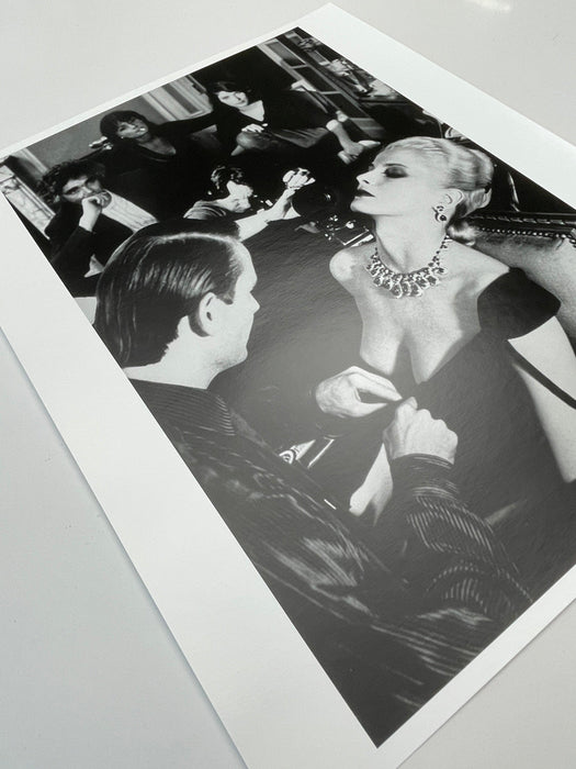 Helmut Newton Bulgari Paris 1980 vintage silver gelatin print, black-and-white fashion photo with jeweled necklace at elegant party