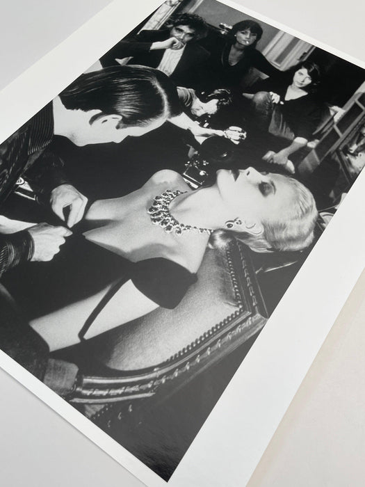 Helmut Newton Bulgari Paris 1980 vintage silver gelatin print 20x24 photo of jeweled woman reclining at Paris party, high-contrast