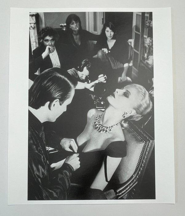 Helmut Newton Bulgari Paris 1980 vintage silver gelatin print 20x24 black-and-white photo of model in jewelry backstage Paris scene
