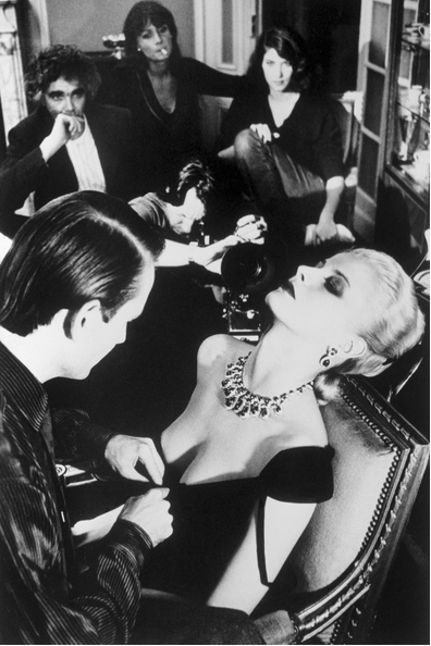 Helmut Newton Bulgari Paris 1980 vintage silver gelatin print black-and-white fashion photo of jeweled woman reclining in Paris salon