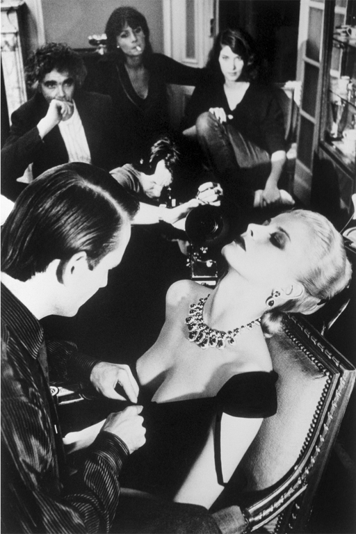 Helmut Newton Bulgari Paris 1980 vintage silver gelatin print black-and-white fashion photo of jeweled woman reclining in Paris salon