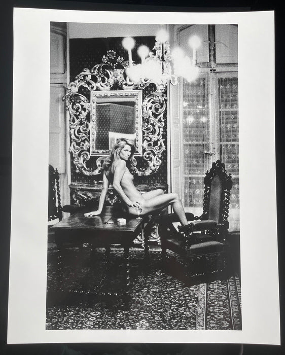 Helmut Newton Charlotte Rampling Hotel Nord 1975 vintage silver gelatin print, nude portrait seated on table in ornate hotel room