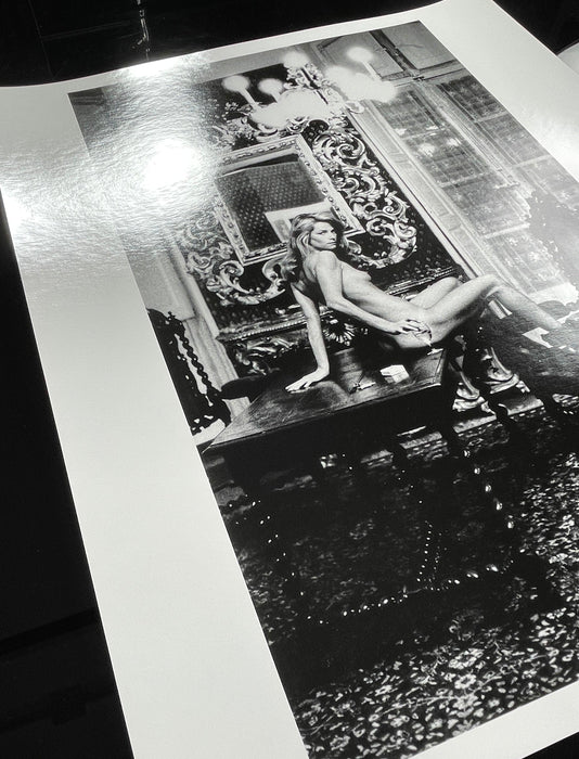 Alt Tag: Helmut Newton Charlotte Rampling Hotel Nord 1975 vintage silver gelatin print nude portrait on ornate bed, 20x24 photo
