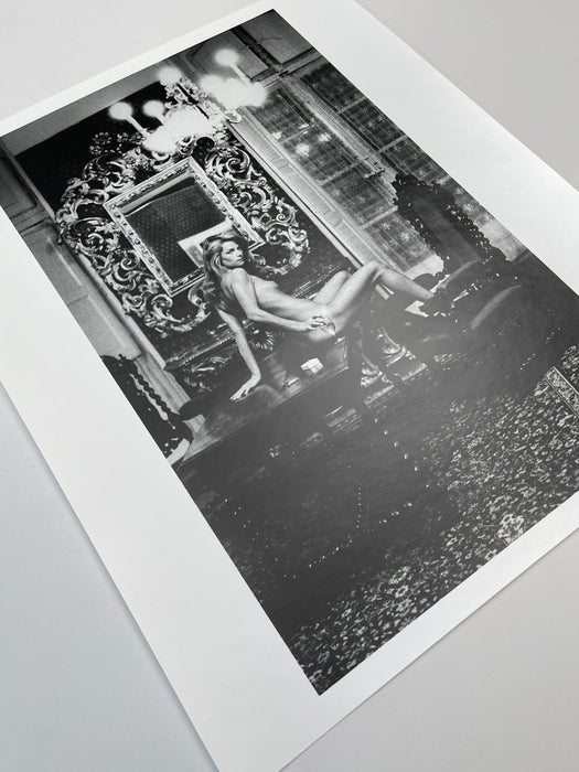Helmut Newton Charlotte Rampling Hotel Nord 1975 vintage silver gelatin print 20x24 photo of Charlotte reclining on ornate bed, Arles