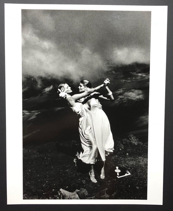 Alt Tag: Helmut Newton Cheryl Tiegs Rene Russo Hawaii 1974 vintage silver gelatin print, dancing women in dramatic black-and-white landscape