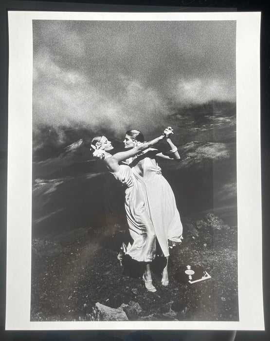 Alt Tag: Helmut Newton Cheryl Tiegs Rene Russo Hawaii 1974 vintage silver gelatin print, 20x24 photo of two women posing on rocky shoreline