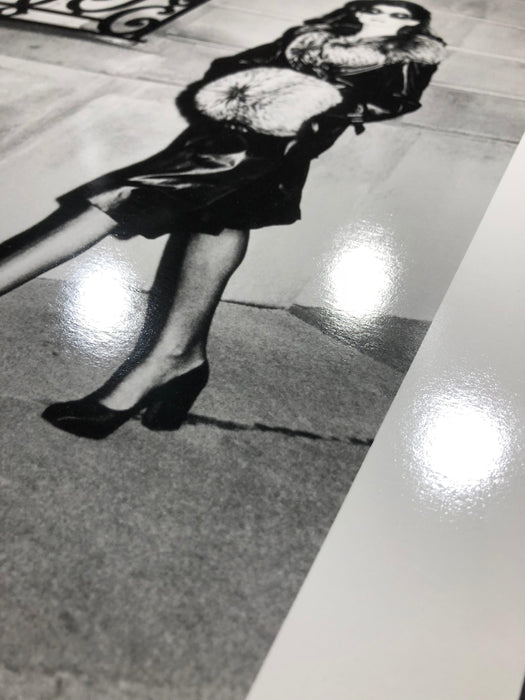 Alt Tag: Helmut Newton Comme Jackie O vintage silver gelatin print 20x24 French Vogue Paris 1972 fashion photo with heels and fur coat