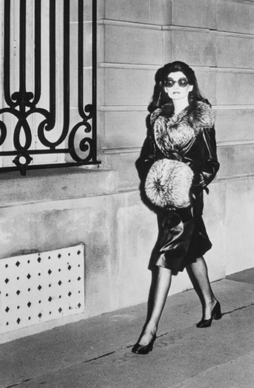 Alt Tag: Helmut Newton Comme Jackie O vintage silver gelatin print French Vogue Paris 1972 woman in fur coat sunglasses walking street