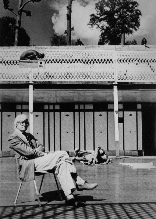 Alt Tag: Helmut Newton David Hockney Piscine Royale Paris 1975 vintage silver gelatin print portrait of Hockney seated poolside in Paris
