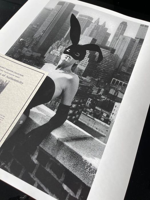 Helmut Newton Elsa Peretti II New York 1975 vintage silver gelatin print, Elsa Peretti in bunny mask on NYC rooftop, 20x24