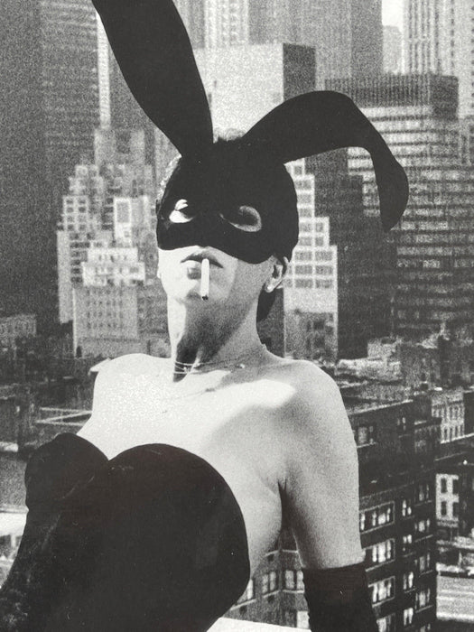 Alt Tag: Helmut Newton Elsa Peretti II New York 1975 vintage silver gelatin print, masked model in bunny ears overlooking NYC skyline