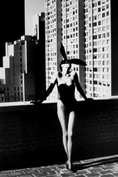 Helmut Newton Elsa Peretti New York 1975 vintage silver gelatin print, nude portrait in bunny mask on NYC rooftop skyline