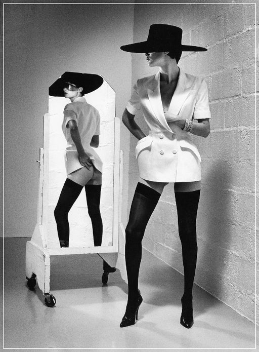 Alt Tag: Helmut Newton Mugler French Vogue 1996 vintage silver gelatin print model in hat stockings mirrored fashion photo