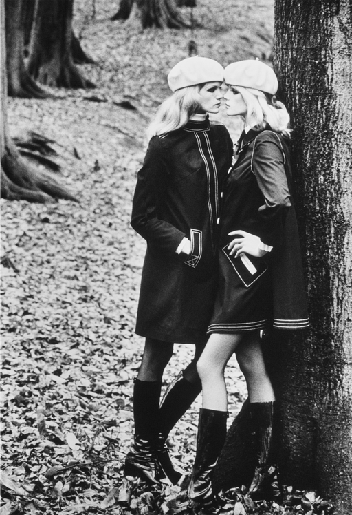 Helmut Newton Gemelas Twins YSL French Vogue 1982 vintage silver gelatin print, black-and-white photo of twin models in YSL coats kissing