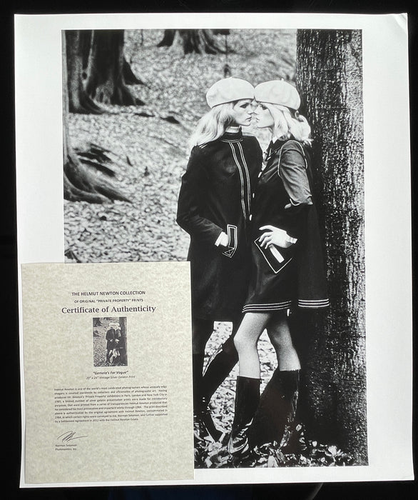"Gemelas (Twins) YSL for French Vogue, Paris 1982"  20x24 Vintage Silver Gelatin Print by Helmut Newton