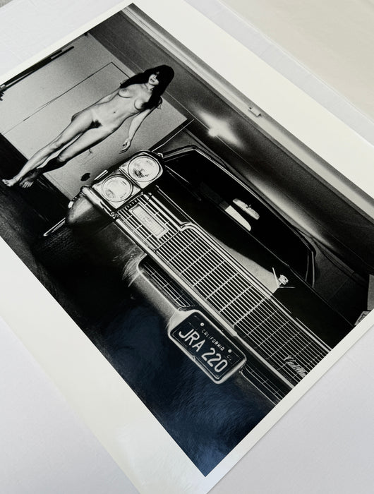 Helmut Newton Hollywood Cadillac 1976 vintage silver gelatin print 20x24 vintage photo of Cadillac front with nude model in garage