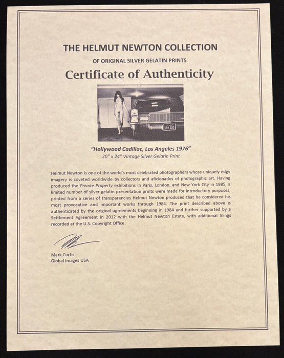 Helmut Newton Hollywood Cadillac 1976 vintage silver gelatin print certificate of authenticity for 20x24 Hollywood Cadillac Los Angeles 1976