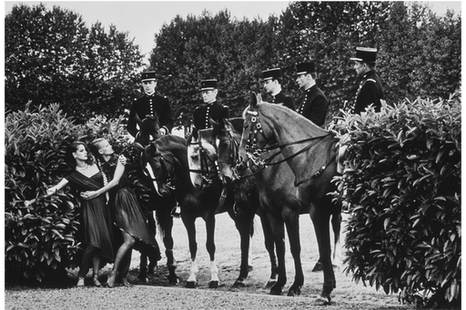 Alt Tag: Helmut Newton Le Cadre Noir vintage silver gelatin print, Saumur France 1980, riders in uniform on horseback with women