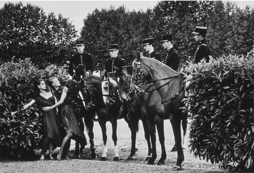 Alt Tag: Helmut Newton Le Cadre Noir vintage silver gelatin print, Saumur France 1980, riders in uniform on horseback with women