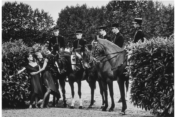 Alt Tag: Helmut Newton Le Cadre Noir vintage silver gelatin print, Saumur France 1980, riders in uniform on horseback with women