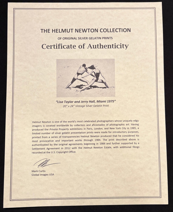 Certificate of Authenticity for Helmut Newton Lisa Taylor and Jerry Hall Miami 1975 vintage silver gelatin print 20x24 Helmut Newton Collection