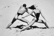 Helmut Newton Lisa Taylor and Jerry Hall Miami 1975 vintage silver gelatin print models in swimsuits posing in stylized duel on beach