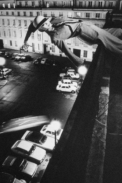 Alt Tag: Helmut Newton Mannequin Toss vintage silver gelatin print, French Vogue Paris 1978 mannequin tossed over balcony above street