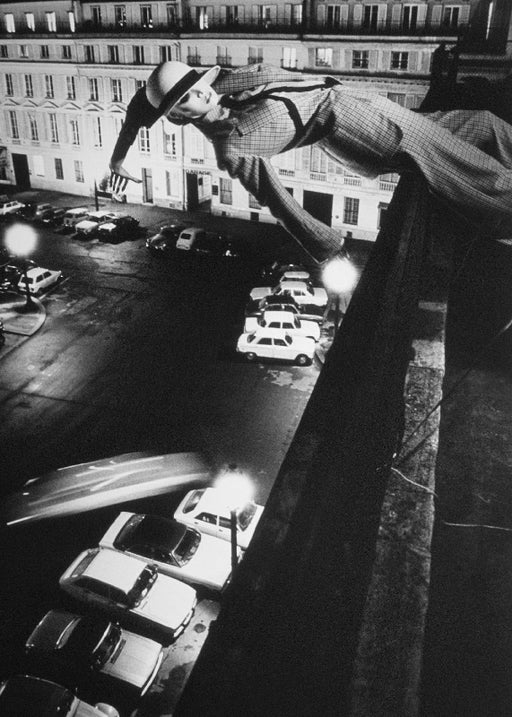 Alt Tag: Helmut Newton Mannequin Toss vintage silver gelatin print, French Vogue Paris 1978 mannequin tossed over balcony above street