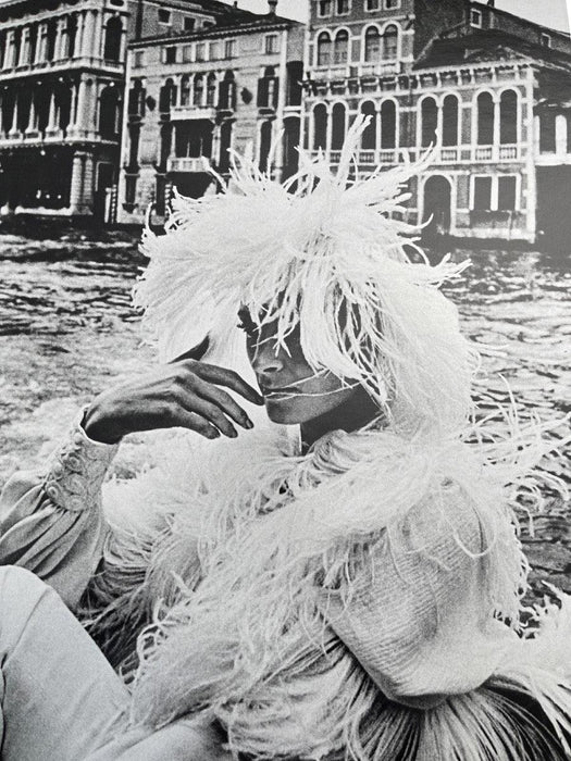 Alt Tag: Helmut Newton Model in Venice 1966 vintage silver gelatin print, couture model in feathered look by Venice Grand Canal, 20x24