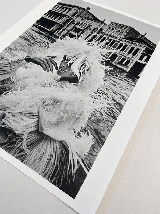 Alt Tag: Helmut Newton Model in Venice 1966 vintage silver gelatin print 20x24 photo of couture model on Grand Canal Venice, Italy