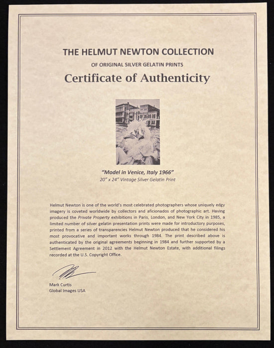 Helmut Newton Model in Venice 1966 vintage silver gelatin print certificate of authenticity from The Helmut Newton Collection
