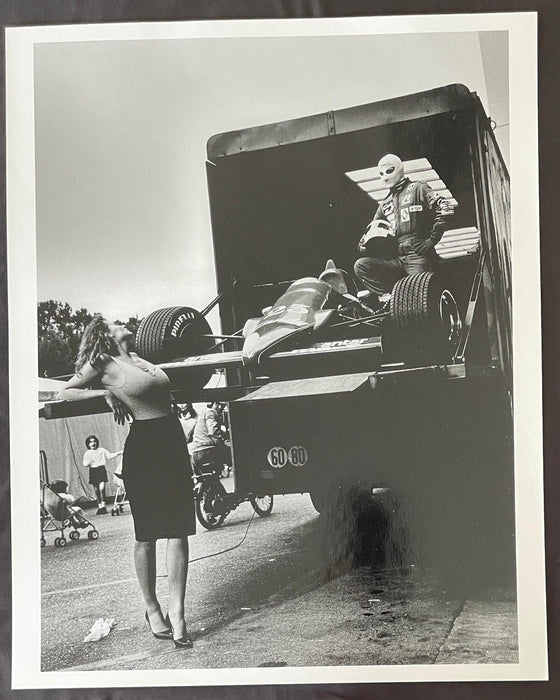 Helmut Newton Niki Lauda Pirelli Calendar 1985 silver gelatin print vintage photo of Lauda with Formula 1 car on truck in Monaco