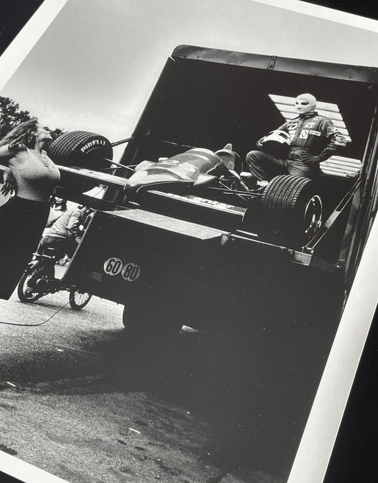 Helmut Newton Niki Lauda Pirelli Calendar 1985 silver gelatin print vintage photo of Lauda with Formula 1 car on truck in Monaco