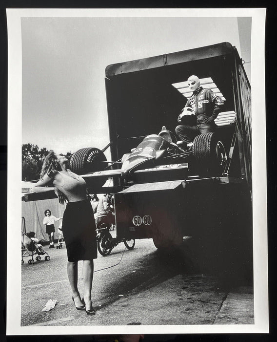 Alt Tag: Helmut Newton Niki Lauda Pirelli Calendar 1985 silver gelatin print vintage photo of Lauda with F1 car on truck in Monaco