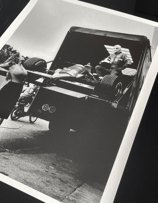 Helmut Newton Niki Lauda Pirelli Calendar 1985 silver gelatin print vintage 16x20 photo of Lauda in F1 car staged Monaco scene