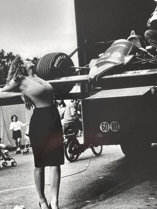 Alt Tag: Helmut Newton Niki Lauda Pirelli Calendar 1985 silver gelatin print vintage Monaco F1 photo with model beside race car