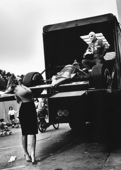 Alt Tag: Helmut Newton Niki Lauda Pirelli Calendar 1985 silver gelatin print, Monaco F1 scene with race car on truck and model
