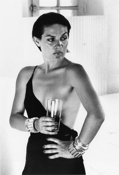 Helmut Newton Paloma Picasso Saint Tropez 1973 vintage silver gelatin print black-and-white portrait of Paloma holding a glass