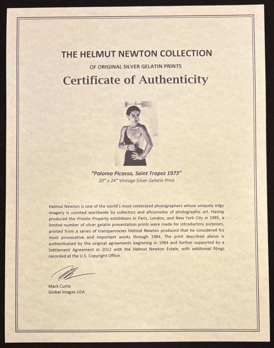 Certificate of Authenticity for Helmut Newton Paloma Picasso Saint Tropez 1973 vintage silver gelatin print 20x24