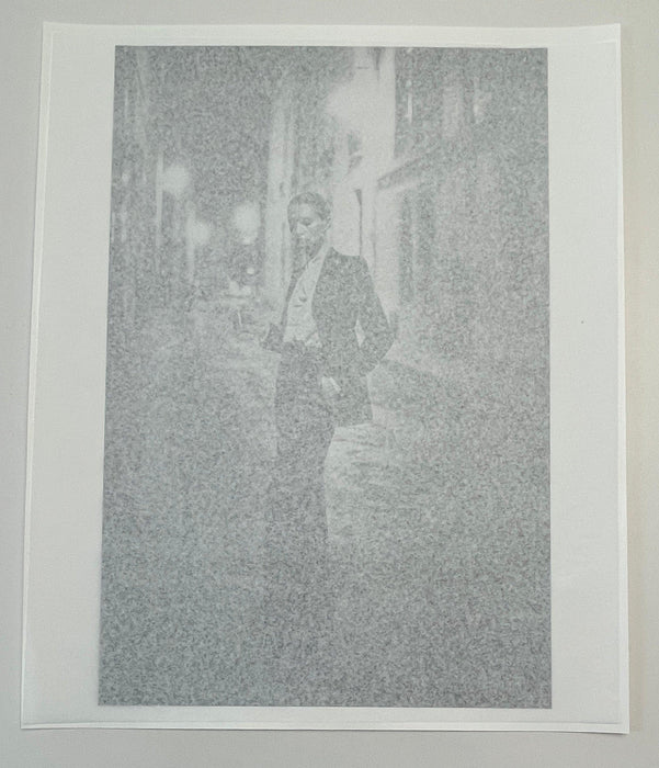 Alt Tag: Helmut Newton Rue Aubriot Paris 1975 vintage silver gelatin print 20x24 photo of man in suit on Paris street at night