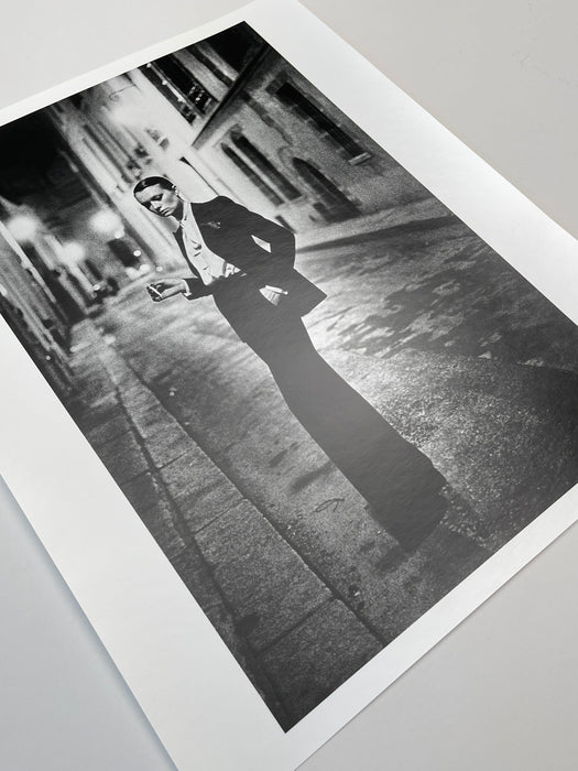 Helmut Newton Rue Aubriot Paris 1975 vintage silver gelatin print black and white photo print on paper, woman in tuxedo on Paris street