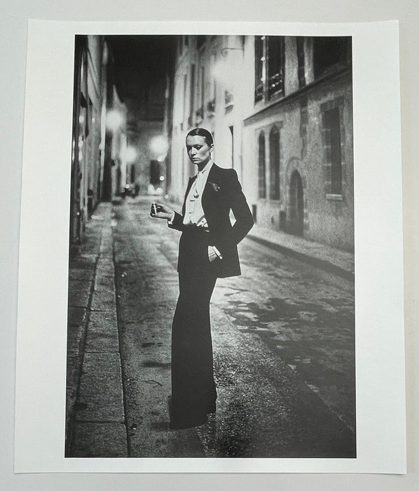 Helmut Newton Rue Aubriot Paris 1975 vintage silver gelatin print 20x24 framed photo of woman in tuxedo on Paris street at night