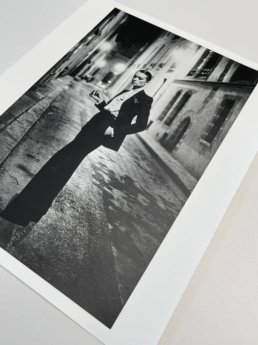 Alt Tag: Helmut Newton Rue Aubriot Paris 1975 vintage silver gelatin print 20x24 photo of woman in tuxedo on Paris street