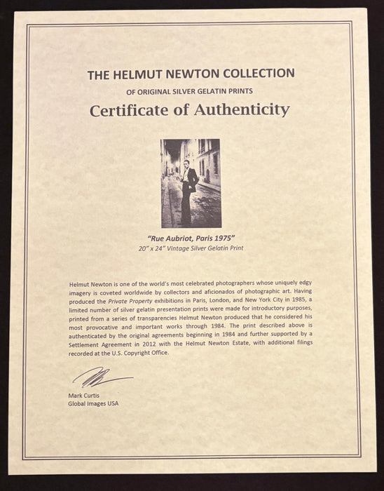 Alt Tag: Certificate of Authenticity for Helmut Newton Rue Aubriot Paris 1975 vintage silver gelatin print 20x24