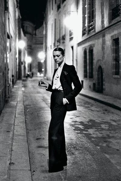 Helmut Newton Rue Aubriot Paris 1975 vintage silver gelatin print 20x24 photo of woman in suit on Paris street at night