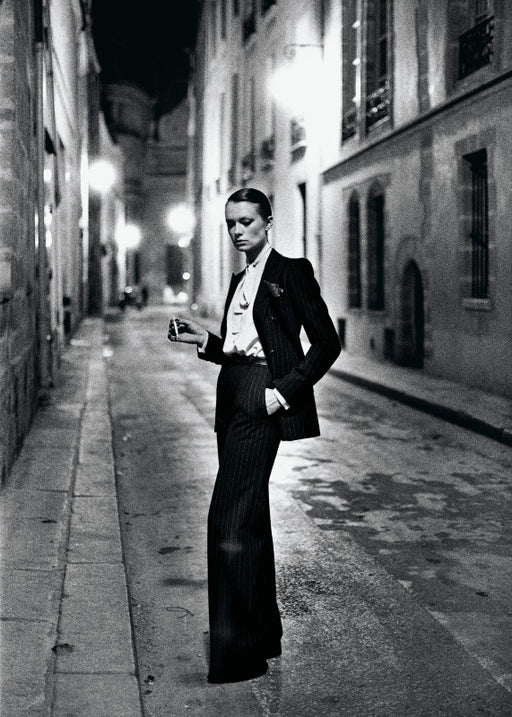 Helmut Newton Rue Aubriot Paris 1975 vintage silver gelatin print 20x24 photo of woman in suit on Paris street at night