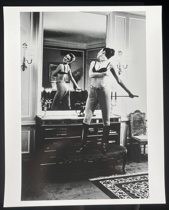 Alt Tag: Helmut Newton Saddle I (Bettina) vintage silver gelatin print, Bettina with whip in mirrored Paris bedroom, 1976 photo