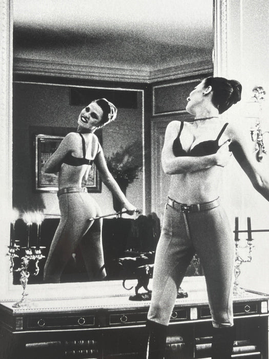 Helmut Newton Saddle I (Bettina) vintage silver gelatin print 16x20, Bettina in mirrored Paris bedroom holding whip, 1976