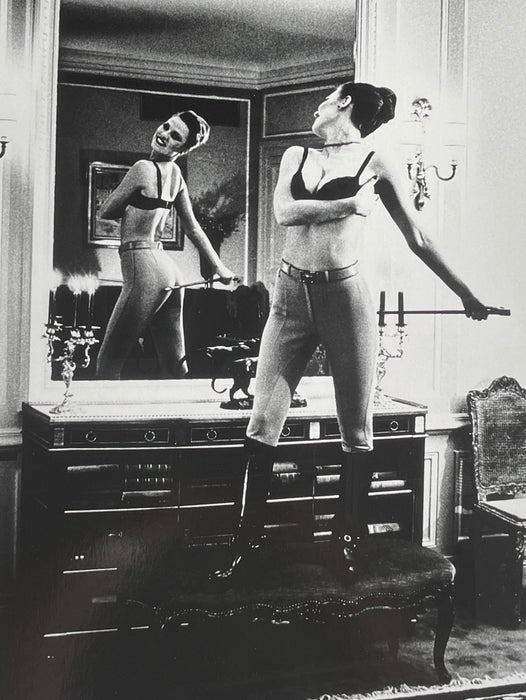 Alt Tag: Helmut Newton Saddle I (Bettina) vintage silver gelatin print 16x20, Bettina with whip in mirrored Paris bedroom, 1976 photo